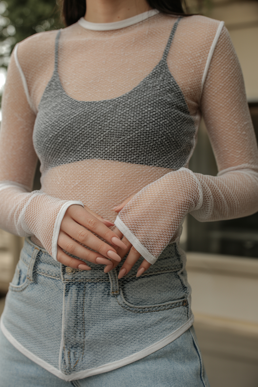 Mesh Layer Over a Tank nail design — Sheer mesh long-sleeve over a fitted tank with jeans or a skirt.