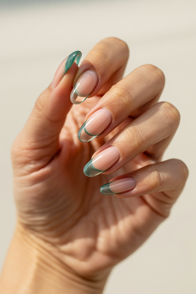Sea Glass Tips nail design — Clear nail with only the tip in translucent green-blue.