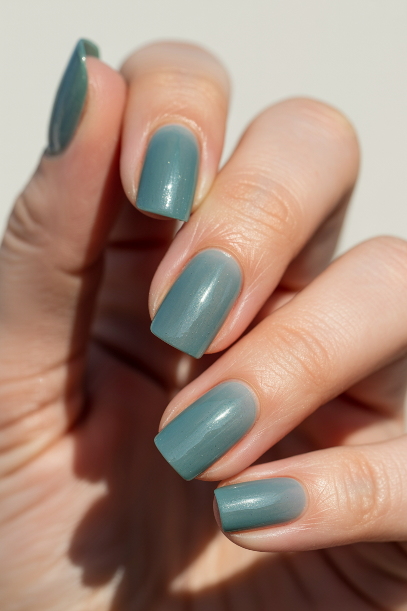 Sea Glass nail design — Translucent green-blue with a slightly frosted, matte-under-gloss finish.