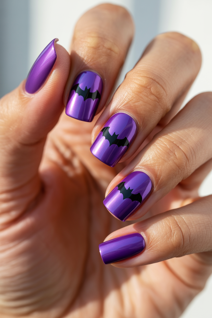 Electric Purple Chrome with Bats nail design — Purple chrome across all ten with two matte black bat decals.