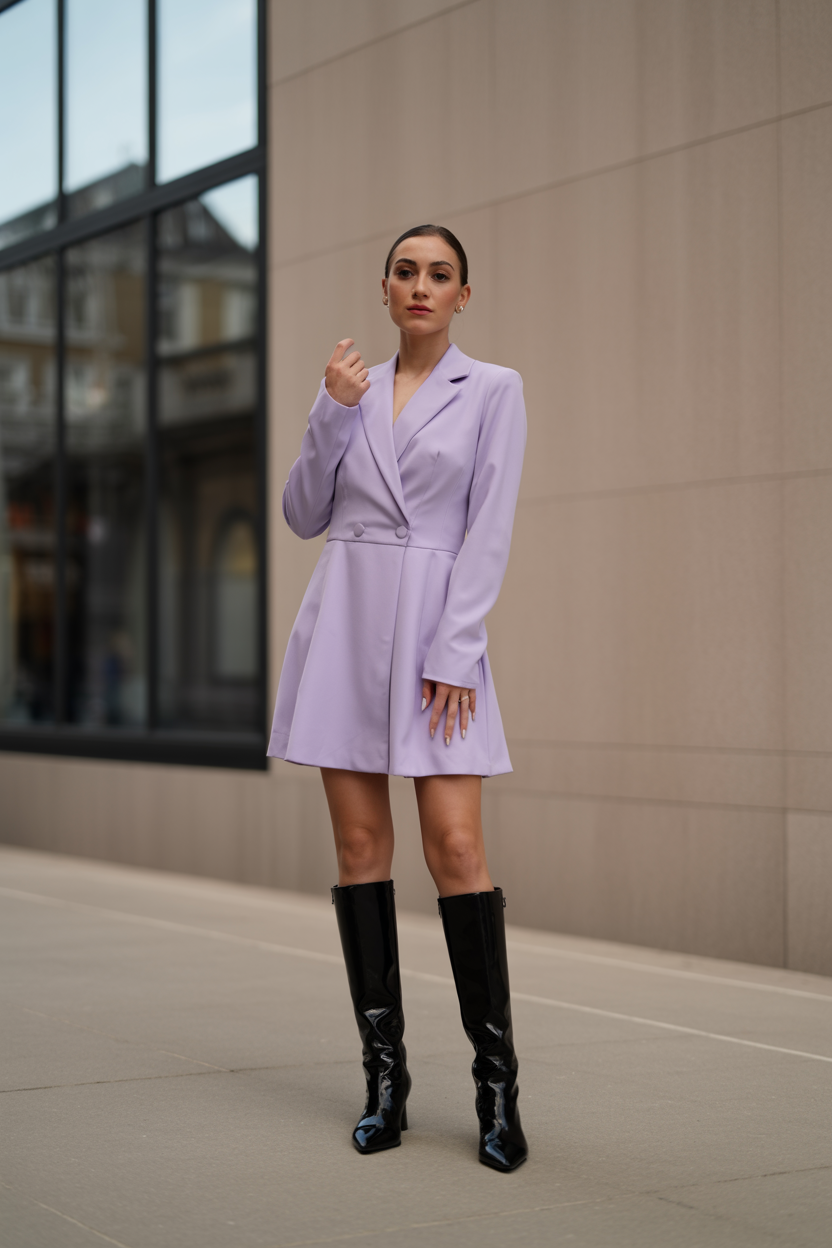Lilac Mini + Knee-High Boots nail design — A lavender mini dress with black knee-high boots.