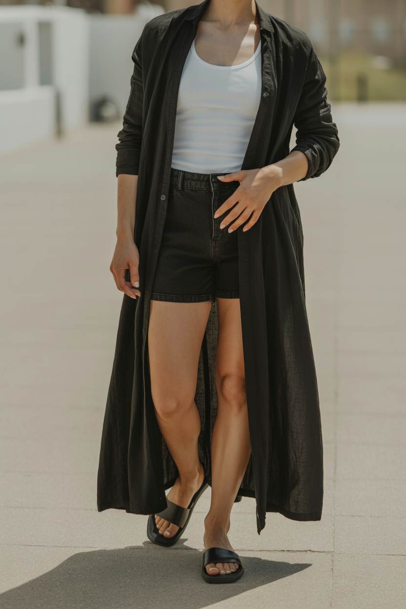 Off-Duty Witch nail design — A long, unstructured black linen duster worn open over a white tank and black shorts, with flat sandals.