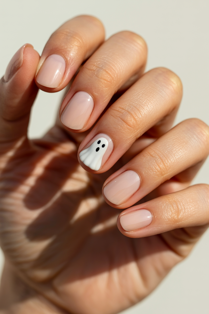 One Tiny Ghost nail design — Bare or sheer nude nails, ten of them, and one ghost about the size of a grain of rice on a single finger.