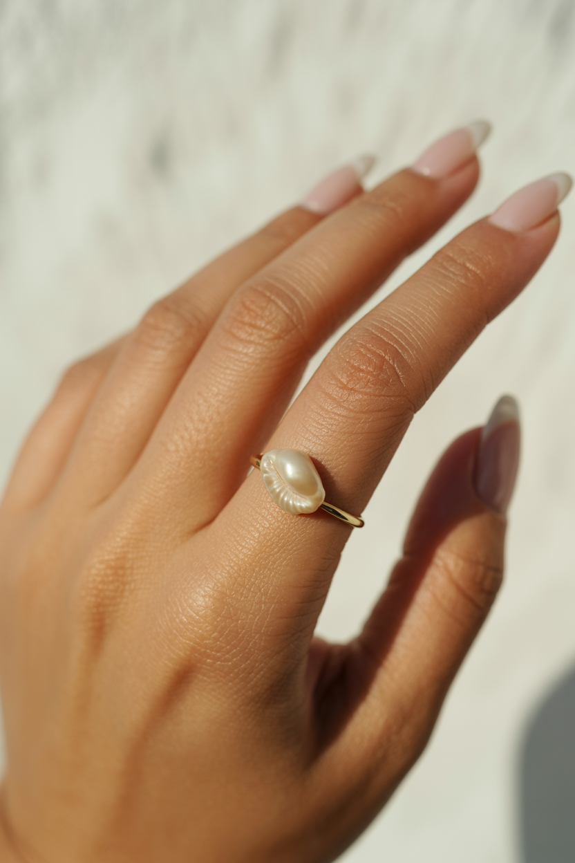 Shell Accent nail design — Neutral base with a single small shell or pearl detail on the ring finger.