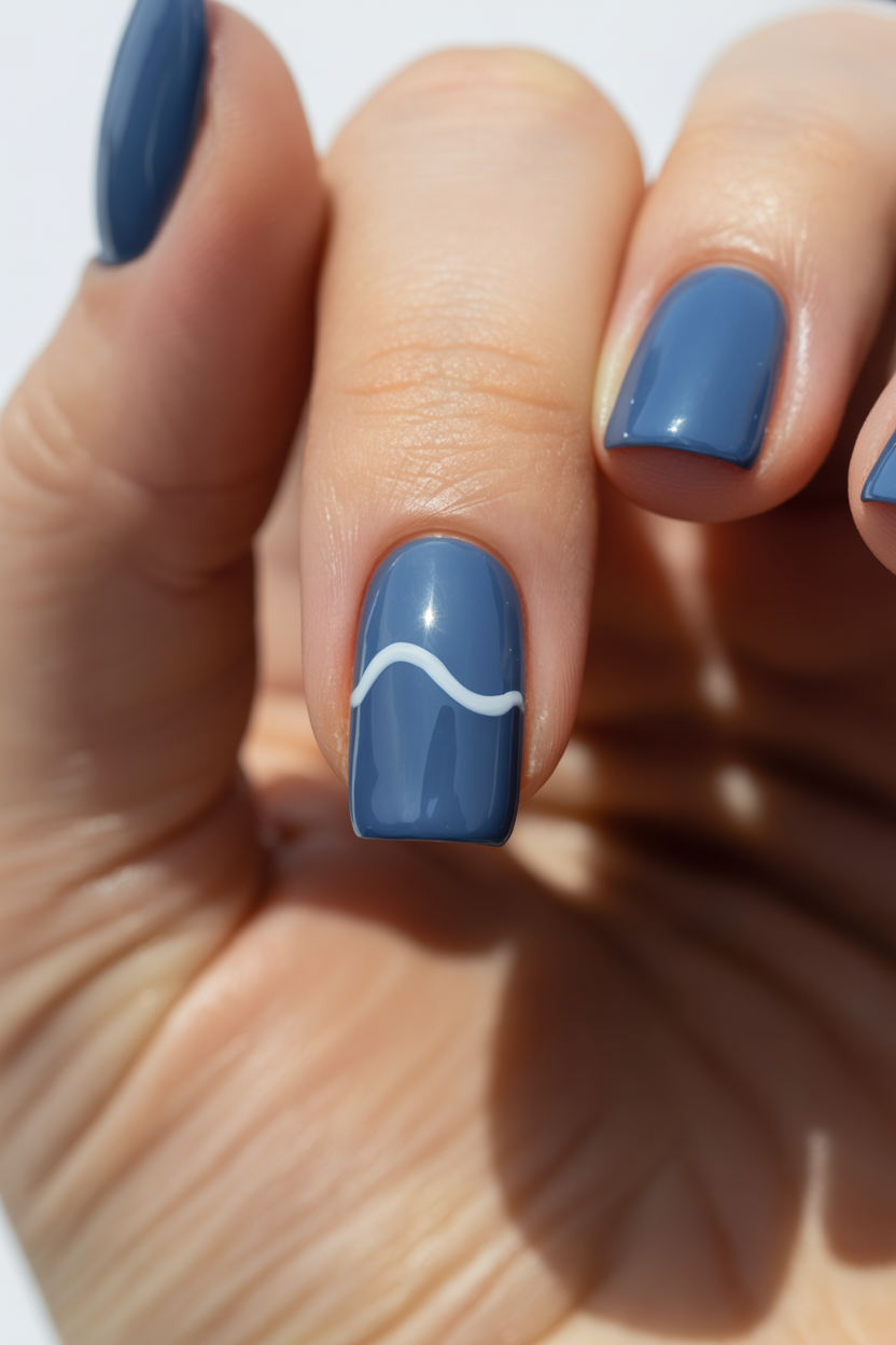 Single Wave Line nail design — One curving white line across a blue nail, on two fingers only.