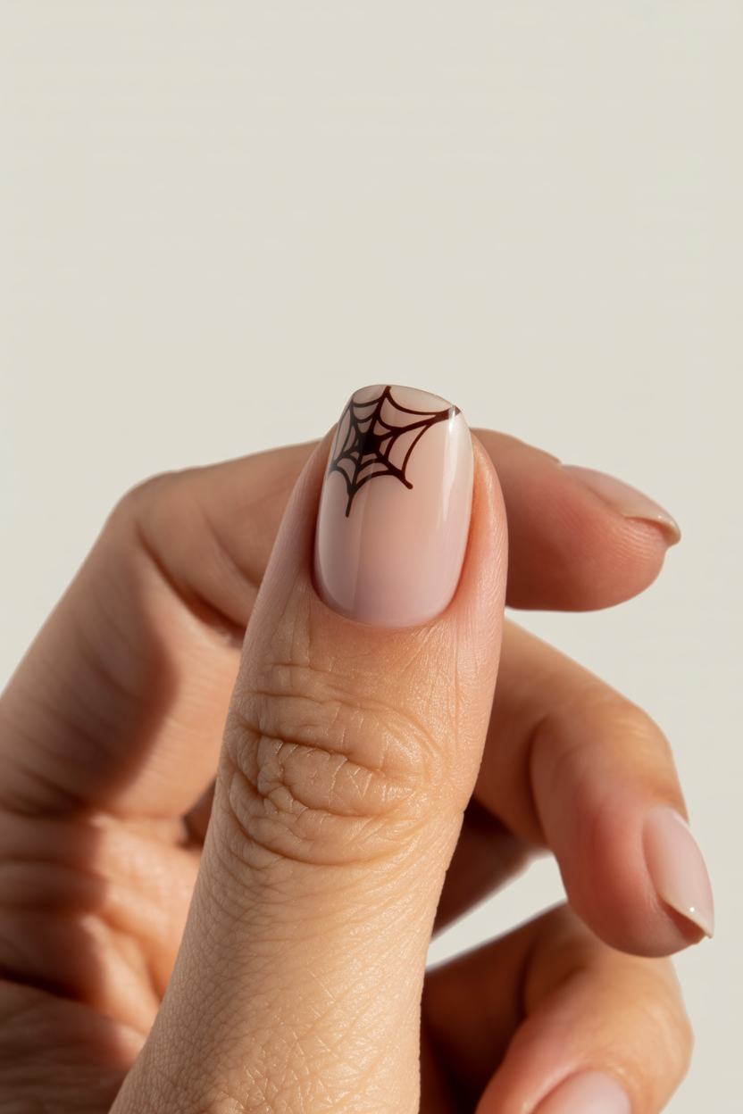 Micro Spiderweb on Nude nail design — Nude base with a spiderweb so fine it looks like a line drawing, tucked into the corner of the ring finger.