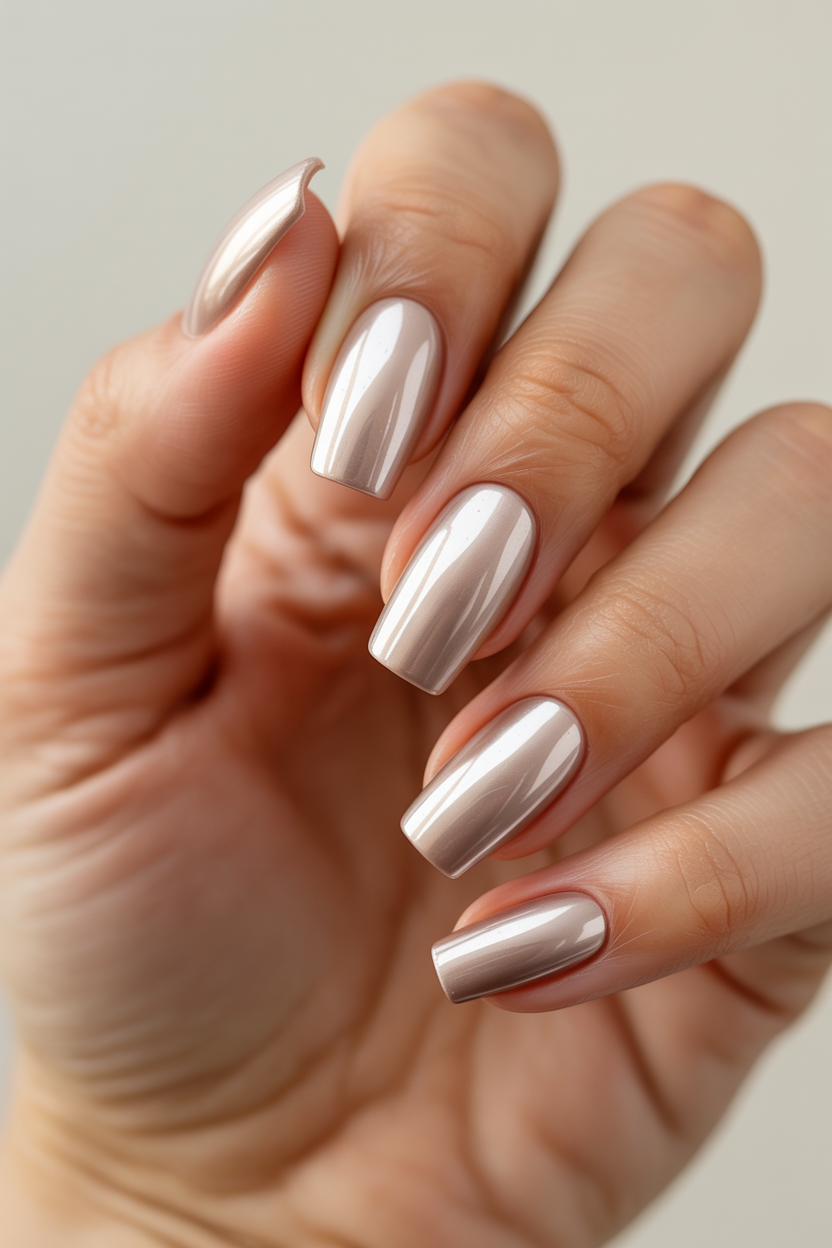 Wet Sand Chrome nail design — Warm beige under a soft silver chrome.