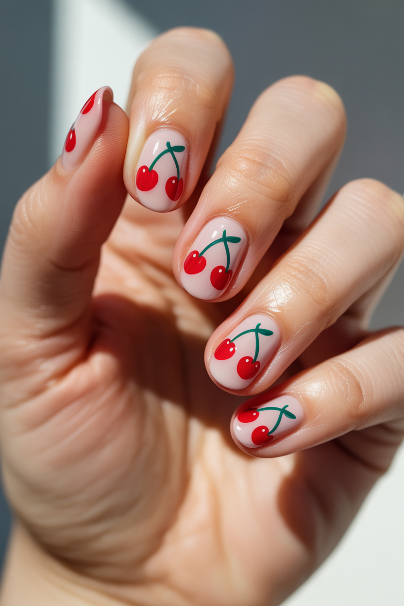 Cherry Nails nail design — Small red cherries with green stems on a milky base.