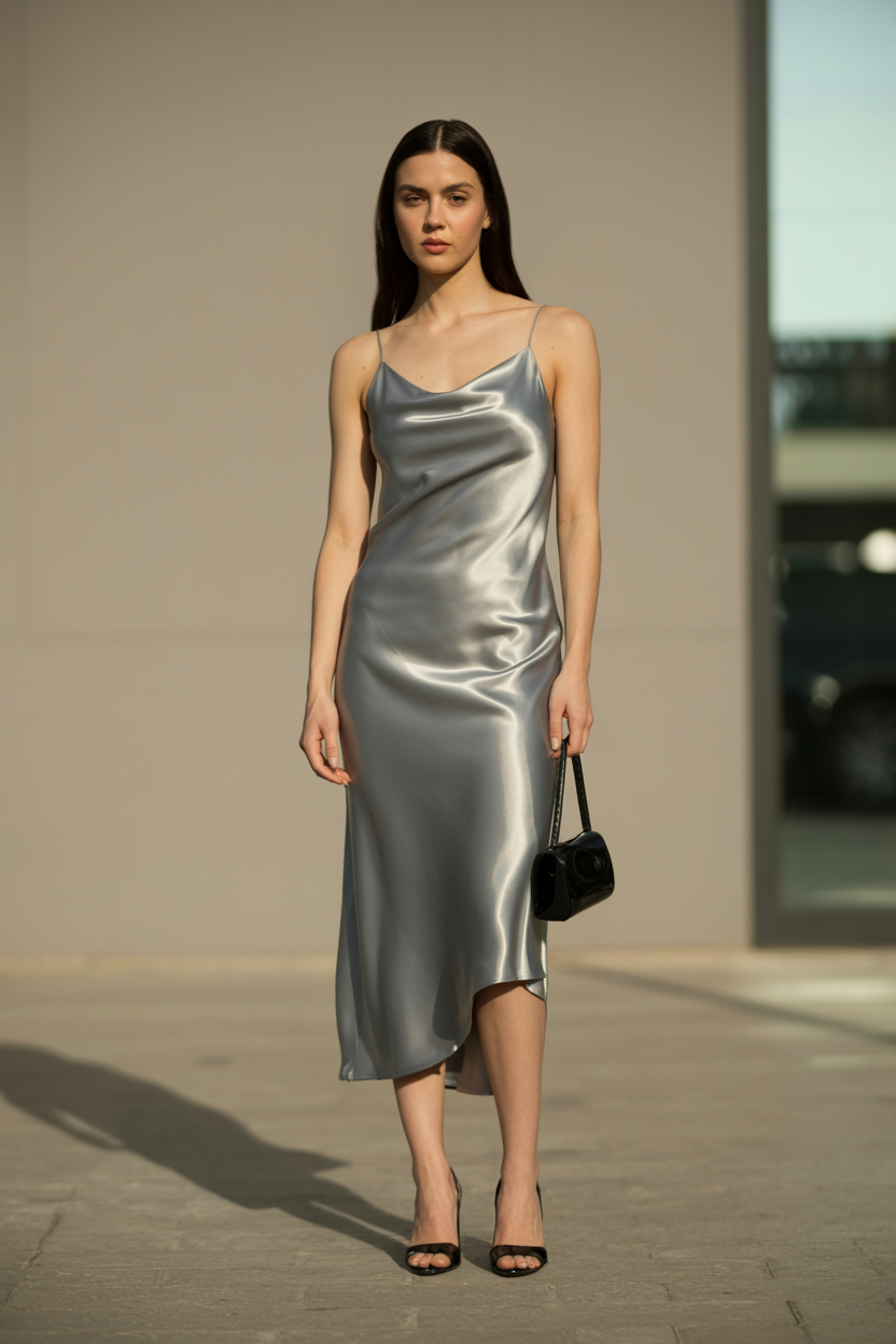 Chrome Slip Dress nail design — A liquid-silver or gunmetal slip dress with black accessories and black heels.