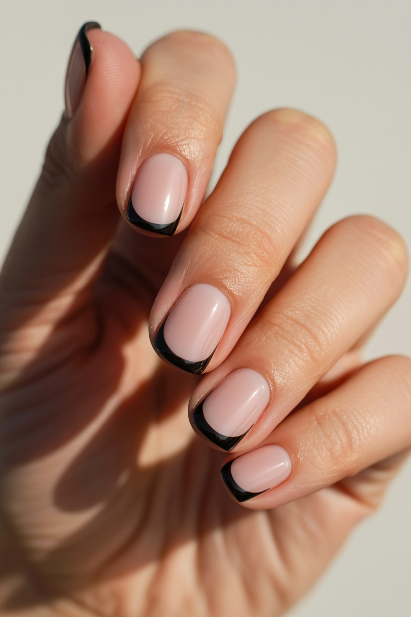 Skinny Black French nail design — A french tip where the line is black and only about a millimeter thick, over a sheer pink base.