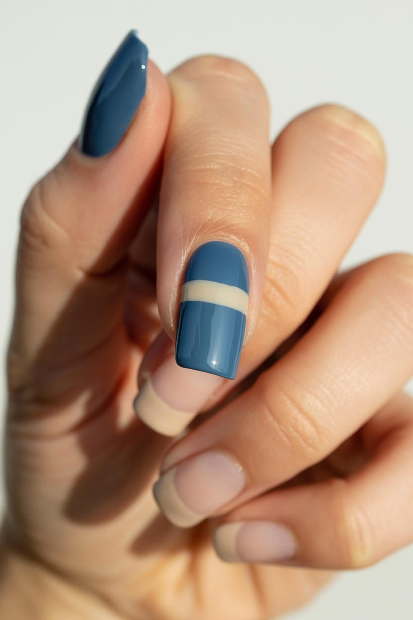 Tide Line nail design — A single horizontal band of cream across a blue nail, positioned about two-thirds up.