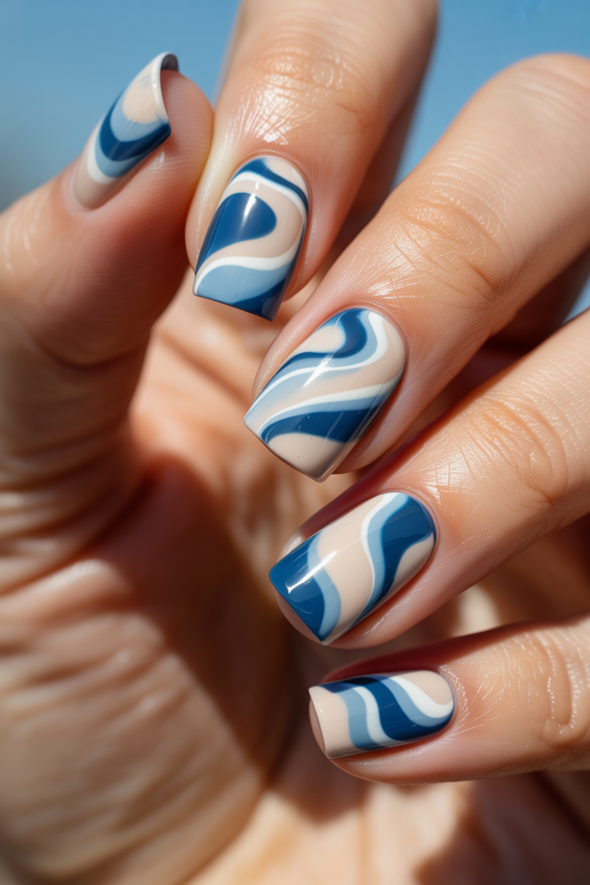 Abstract Water Swirl nail design — Blue, white, and cream swirled together wet-on-wet so the colors bleed.