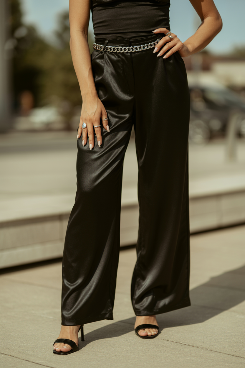 All-Black with Silver Hardware nail design — Black cami, black wide-leg satin trousers, silver chain belt, silver rings, black heeled mules.