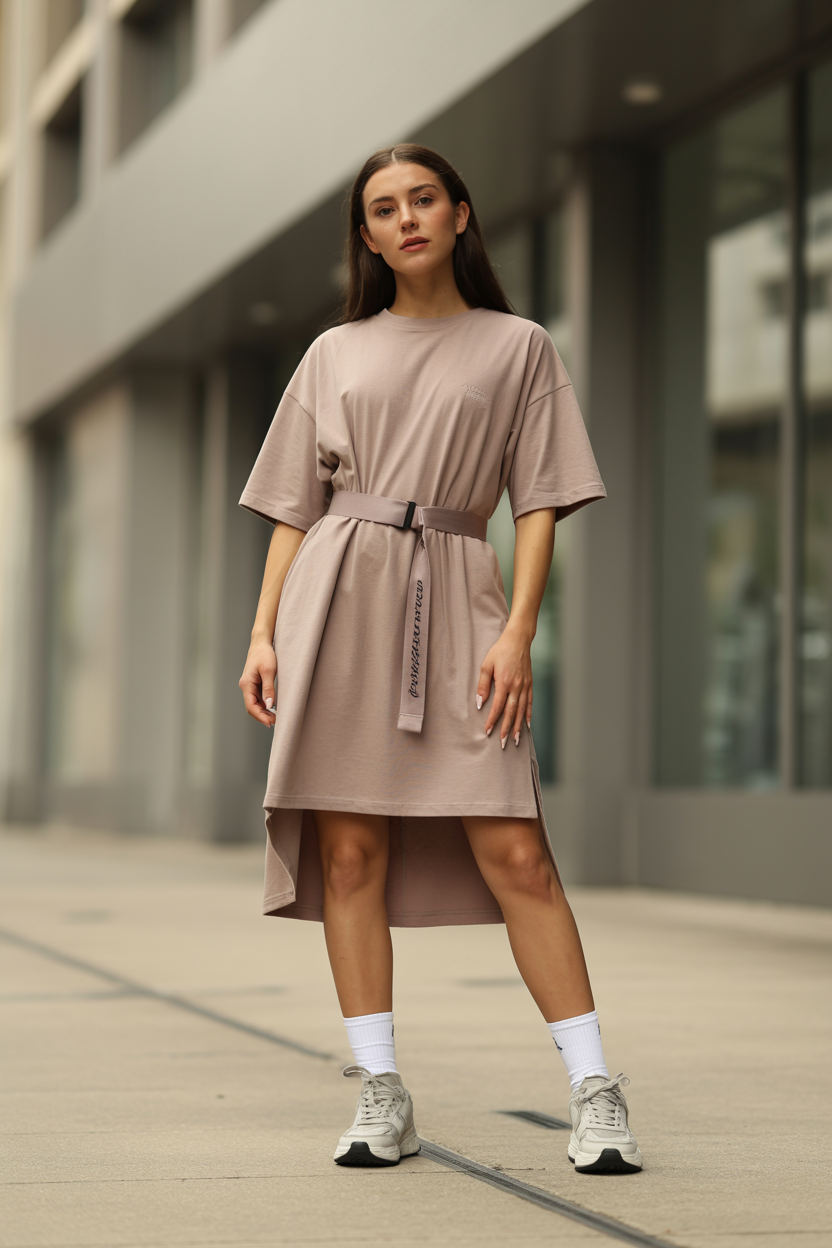 Oversized Tee Dress + Bike Shorts nail design — A long tee worn as a dress with shorts underneath and sneakers.