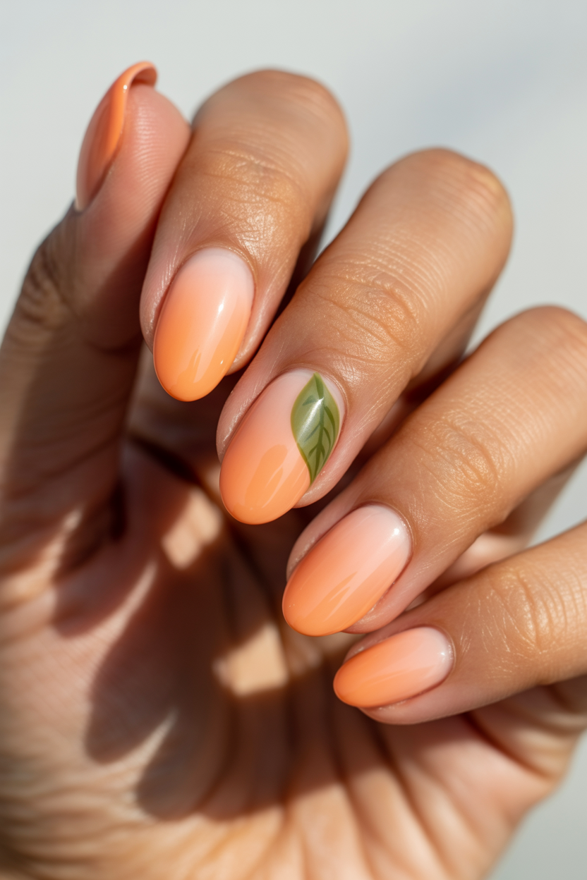Peach Ombré with Leaf Accent nail design — Peachy gradient with one small green leaf detail.