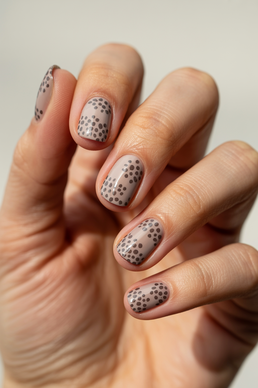 Spider Dots nail design — Milky base with a scatter of tiny black dots that vaguely suggest a spider without drawing one.