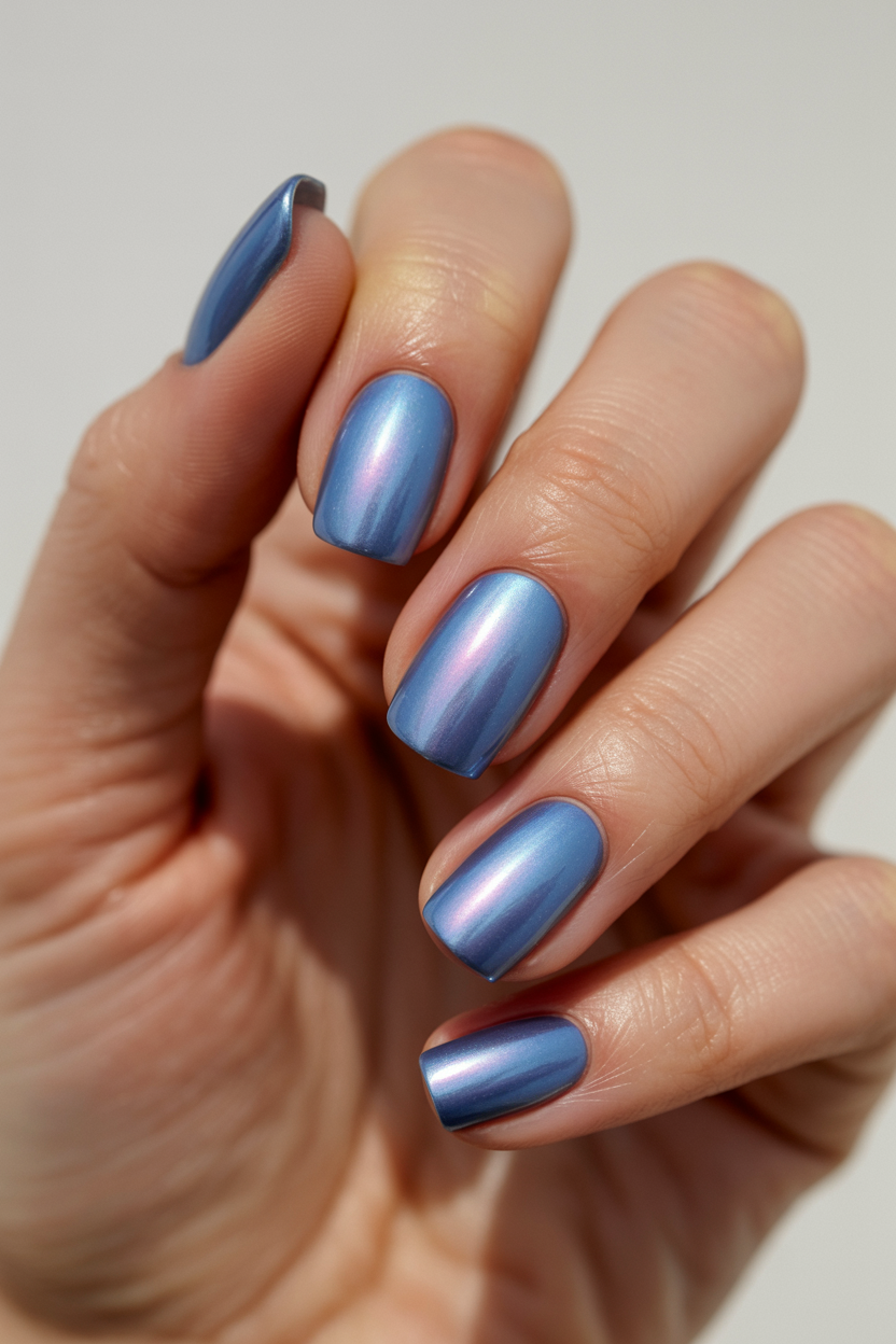 Blue Pearl Chrome nail design — Dusty blue under a pearl chrome overlay.