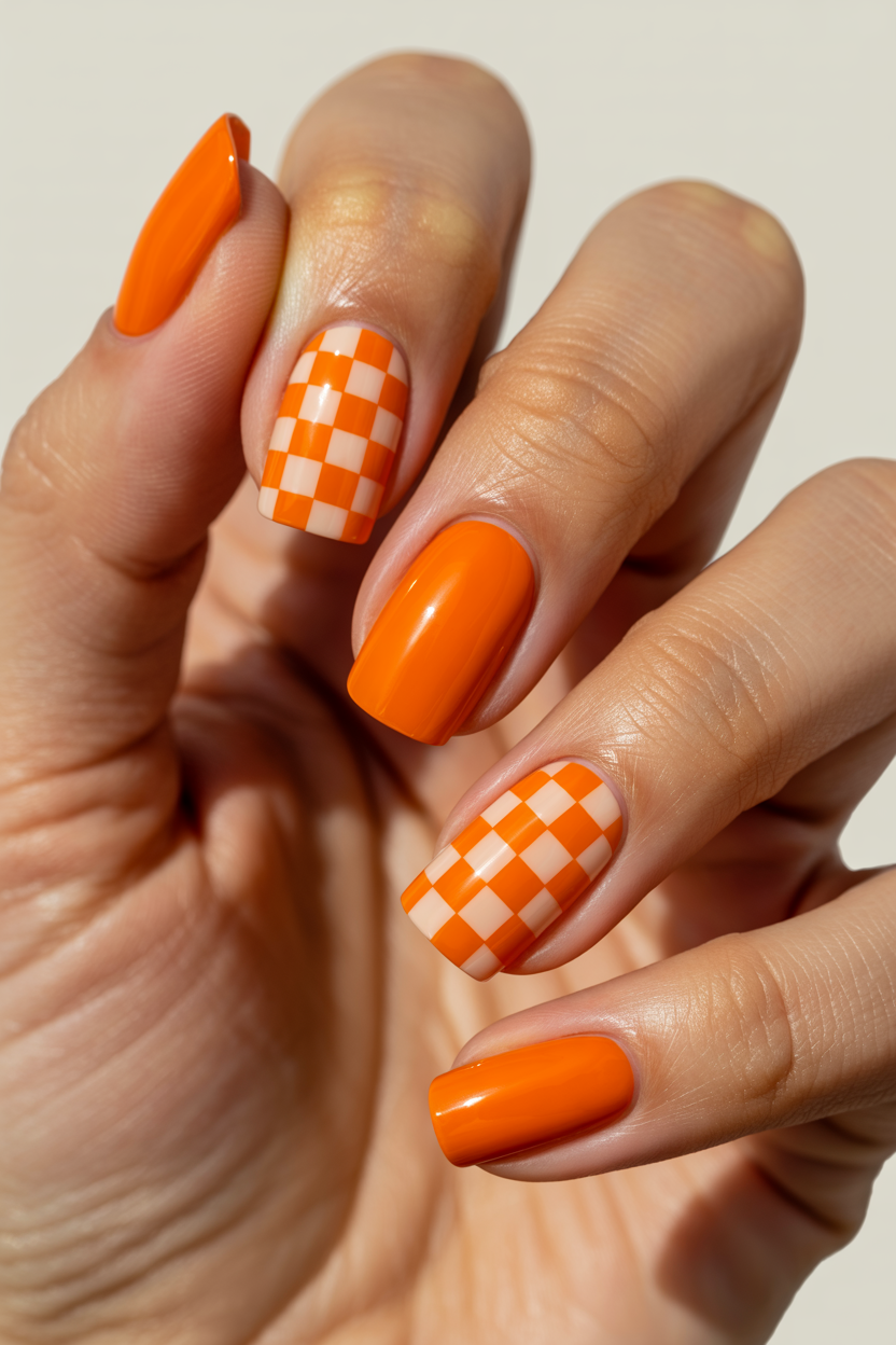 Orange and White Checkerboard with Ghost nail design — Sherbet orange and cream checkerboard on six nails, one solid nail, and one ghost.