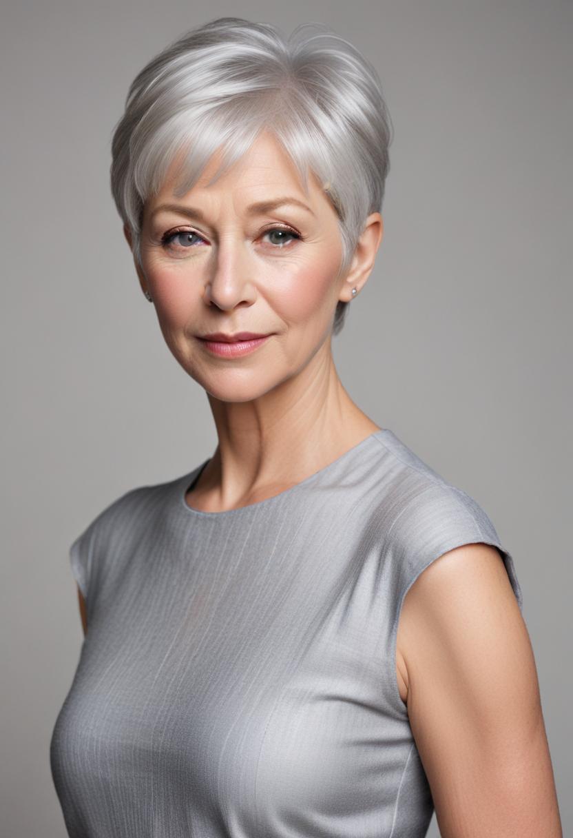 Silver pixie with soft texture — A modern pixie cut in full silver or gray with soft, textured ends rather than precision lines.