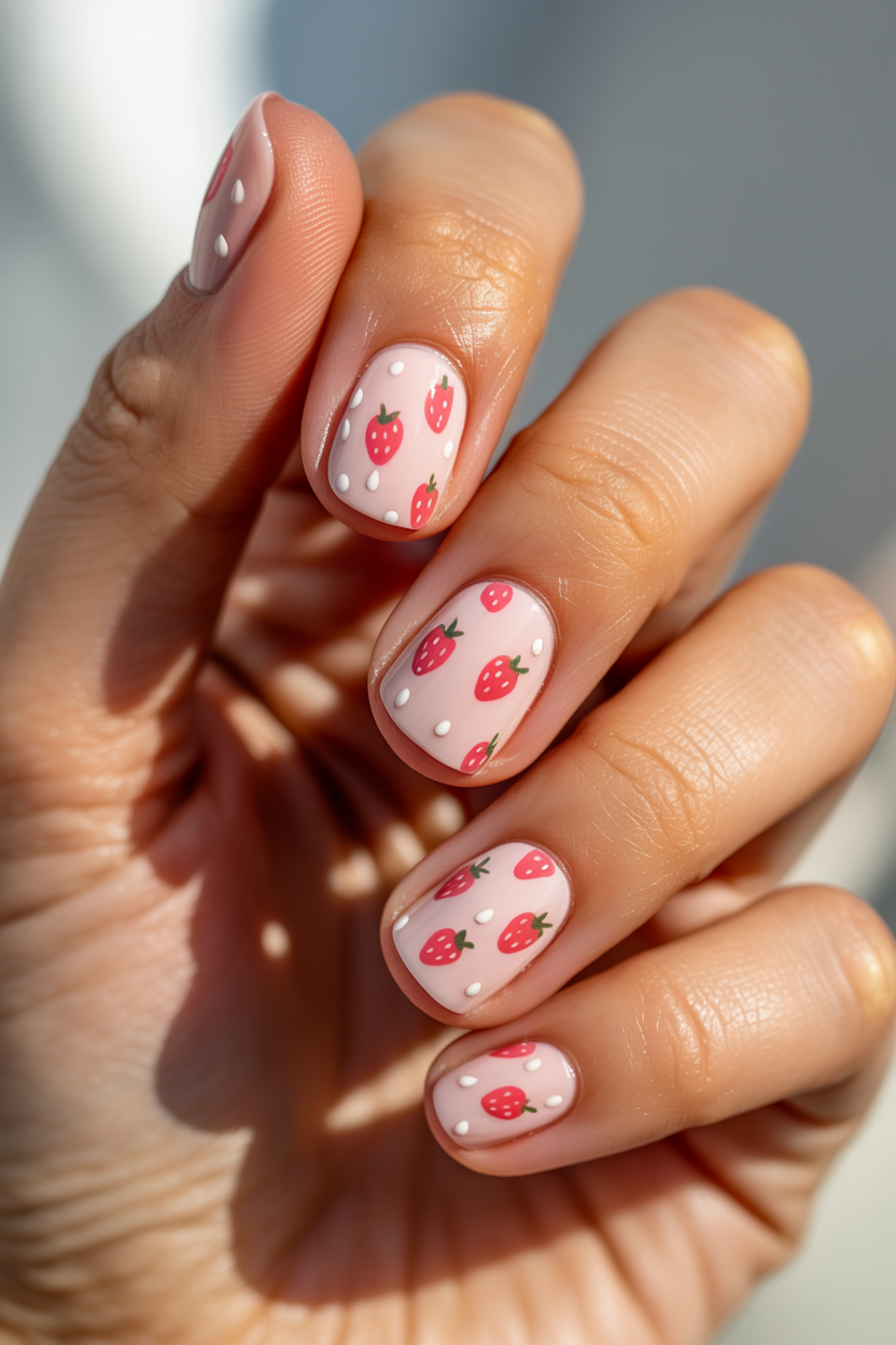 Strawberry Milk nail design — Pale pink base with tiny strawberries and white seed dots.