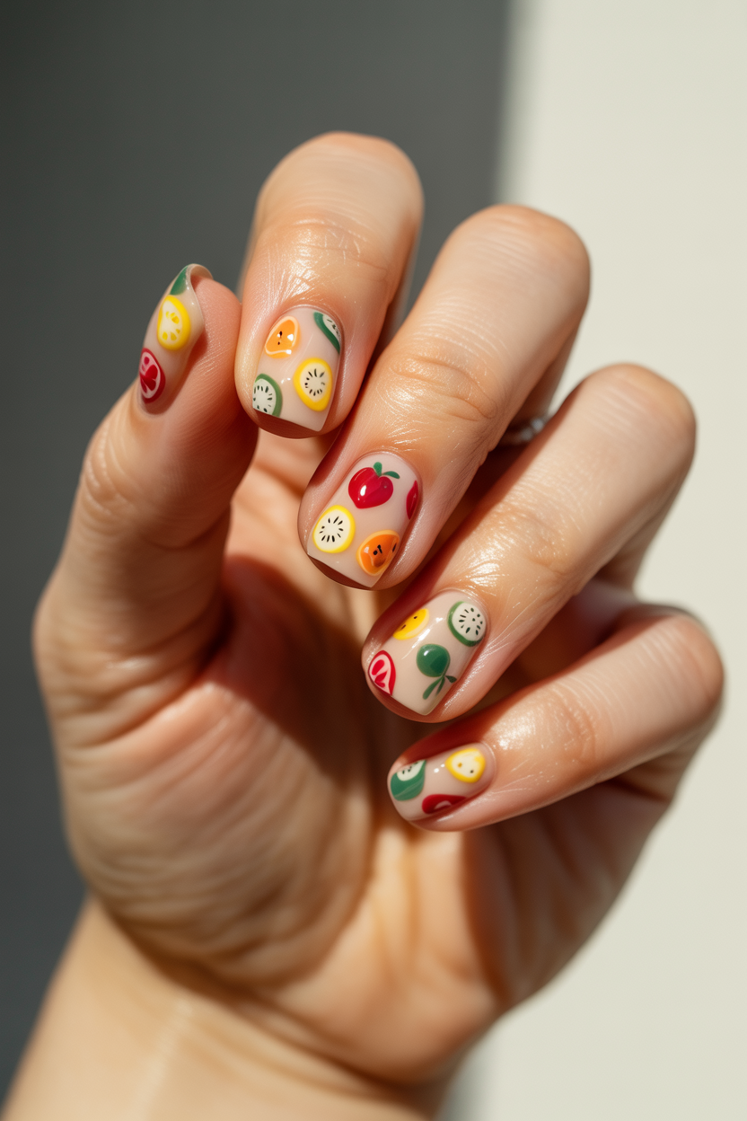 Fruit Salad Mismatch nail design — Every nail a different fruit, unified by a shared milky base.