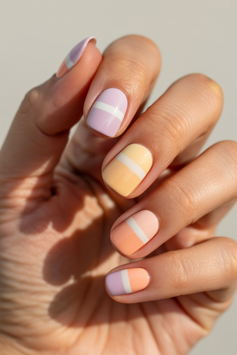 Pastel Candy Corn nail design — Candy corn stripes, but in lilac, cream, and peach instead of the traditional colors.