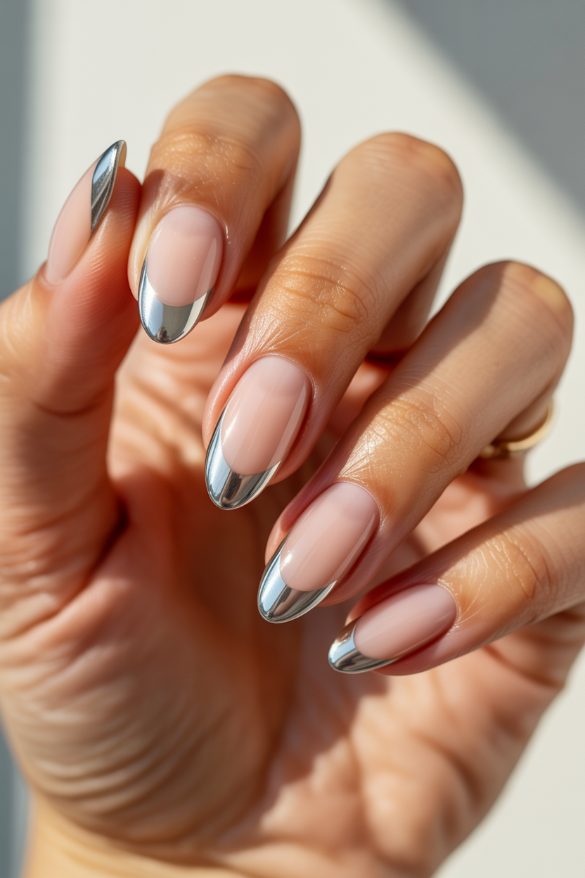 Silver Chrome French nail design — Neutral base with a mirror-silver tip.