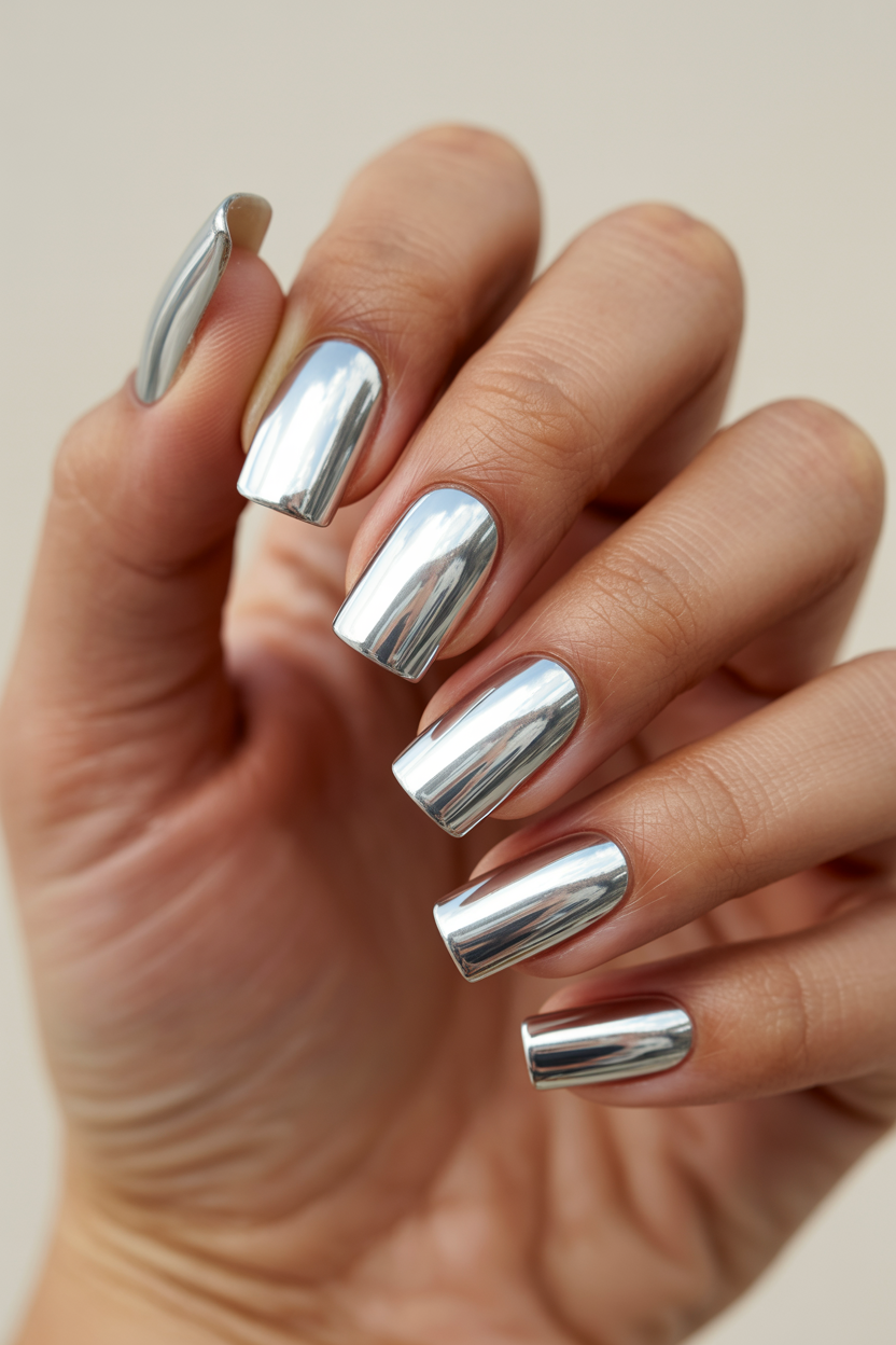 Full Mirror Chrome nail design — Silver mirror finish across all ten.