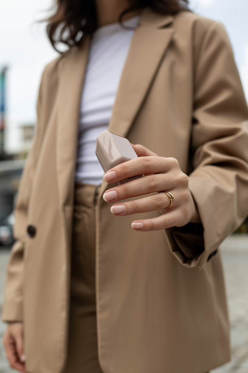 Neutral Base, School Color Accessories nail design — Full neutral outfit with school colors in the bag, shoes, or jewelry only.