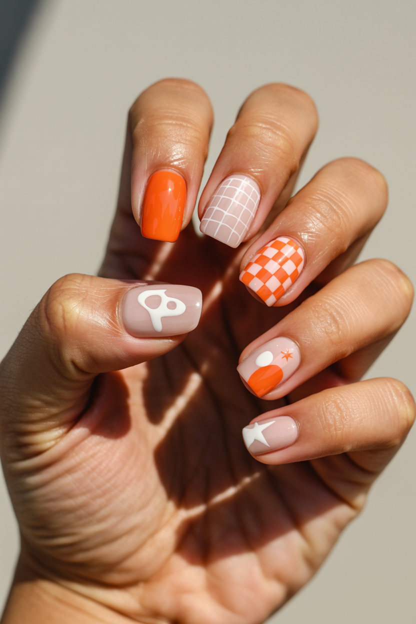 Full Mix-and-Match nail design — Ten nails, ten different Summerween designs, unified by a shared color palette.