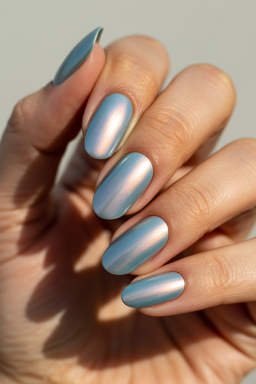 Iridescent Overlay nail design — A shifting oil-slick finish over a pale blue base.