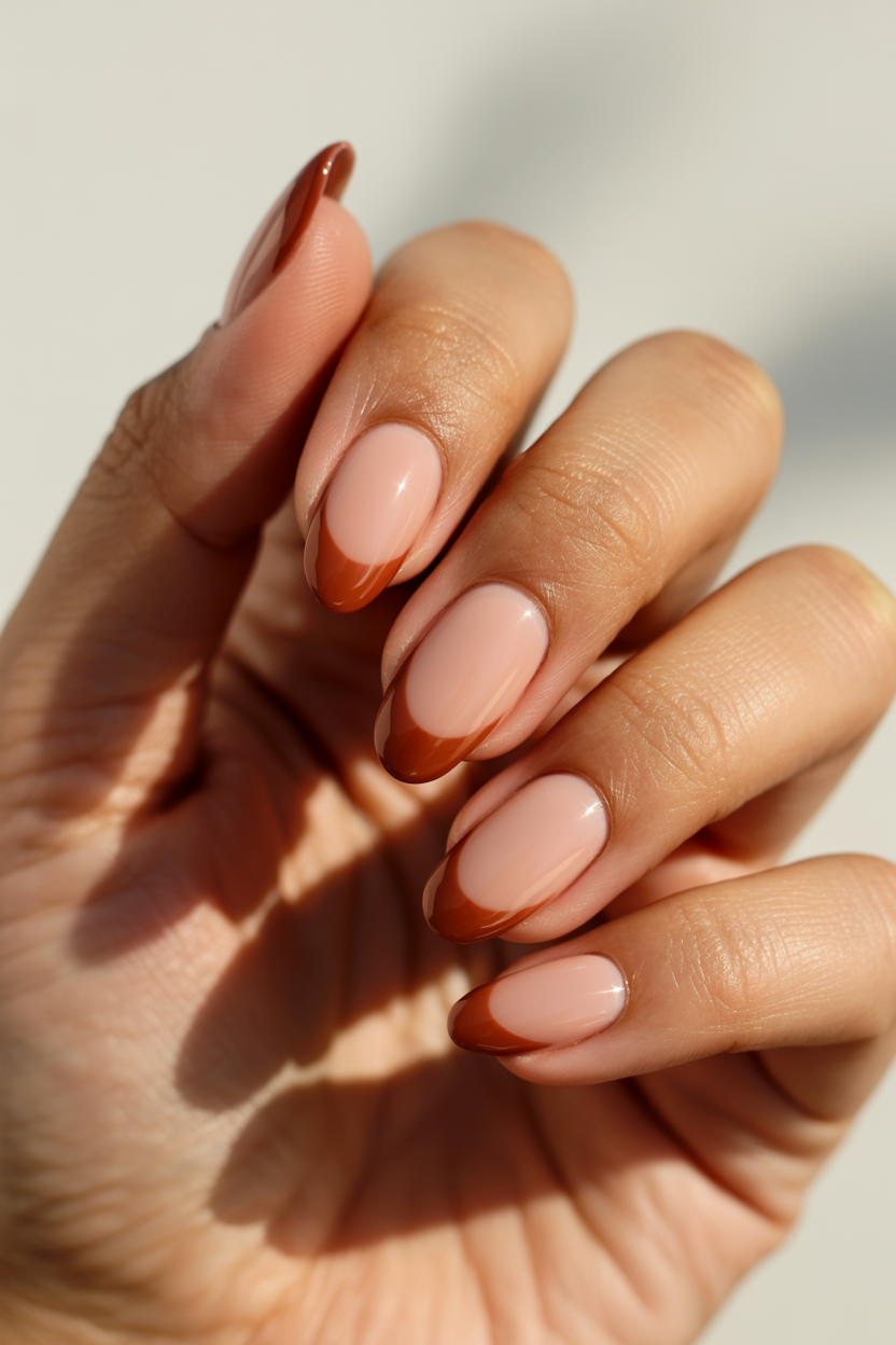 Terracotta French nail design — Warm rust tip on a nude base.