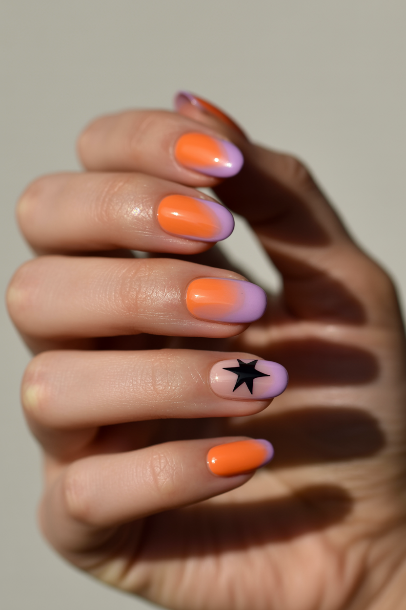 Aura Nails with Black Star nail design — Orange-and-purple aura nails, that soft glowing halo effect, with a single sharp black star sitting on top of the glow.