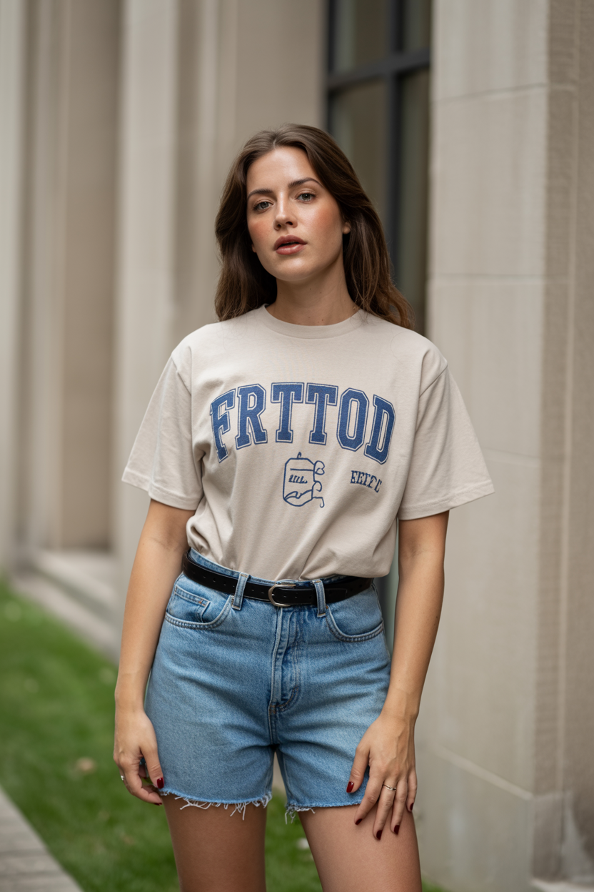 Vintage or Custom School Tee, Styled Up nail design — A school tee — vintage, thrifted, or custom — worn with tailored shorts or a good skirt instead of jeans.