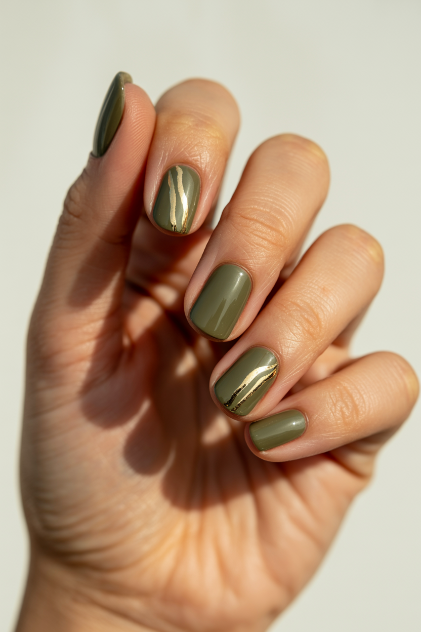Olive with Gold Accents nail design — Muted olive base with fine gold linework on two nails.
