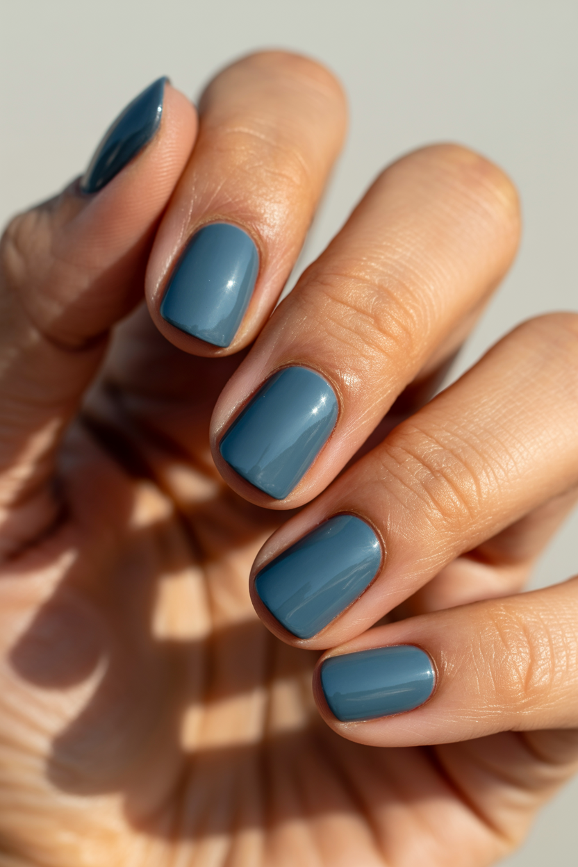 Short Dusty Blue Solid nail design — One color, short almond, high gloss.
