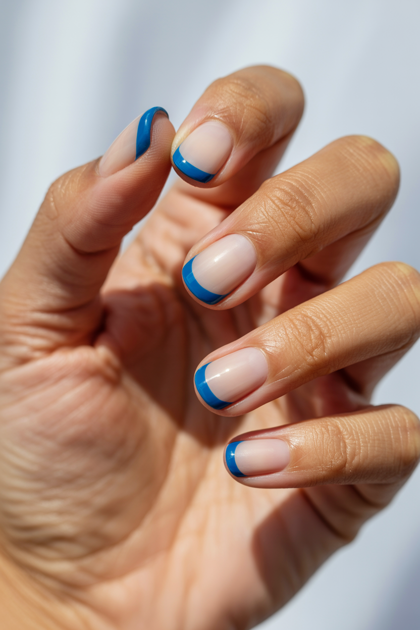 Short Cream with Blue Tip nail design — A tiny blue tip on a short nail.