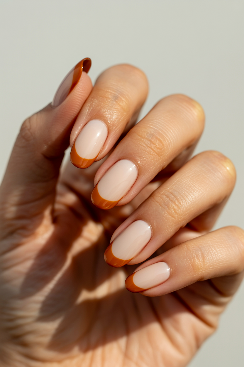 Cream with Burnt Orange Tips nail design — Standard french shape, autumn color, summer base.