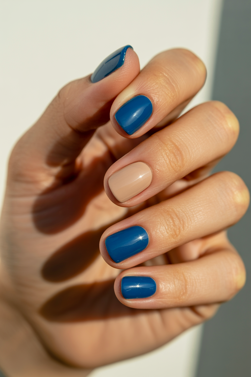 Short Alternating Blue and Sand nail design — Two colors, no design, five nails each.