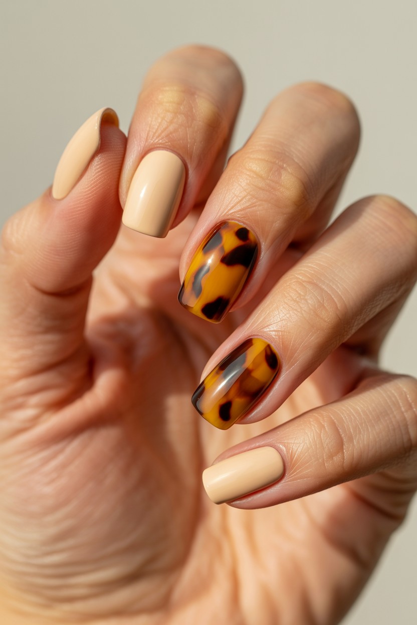 Tortoiseshell Accent nail design — Amber and brown mottled pattern on two nails, cream on the rest.