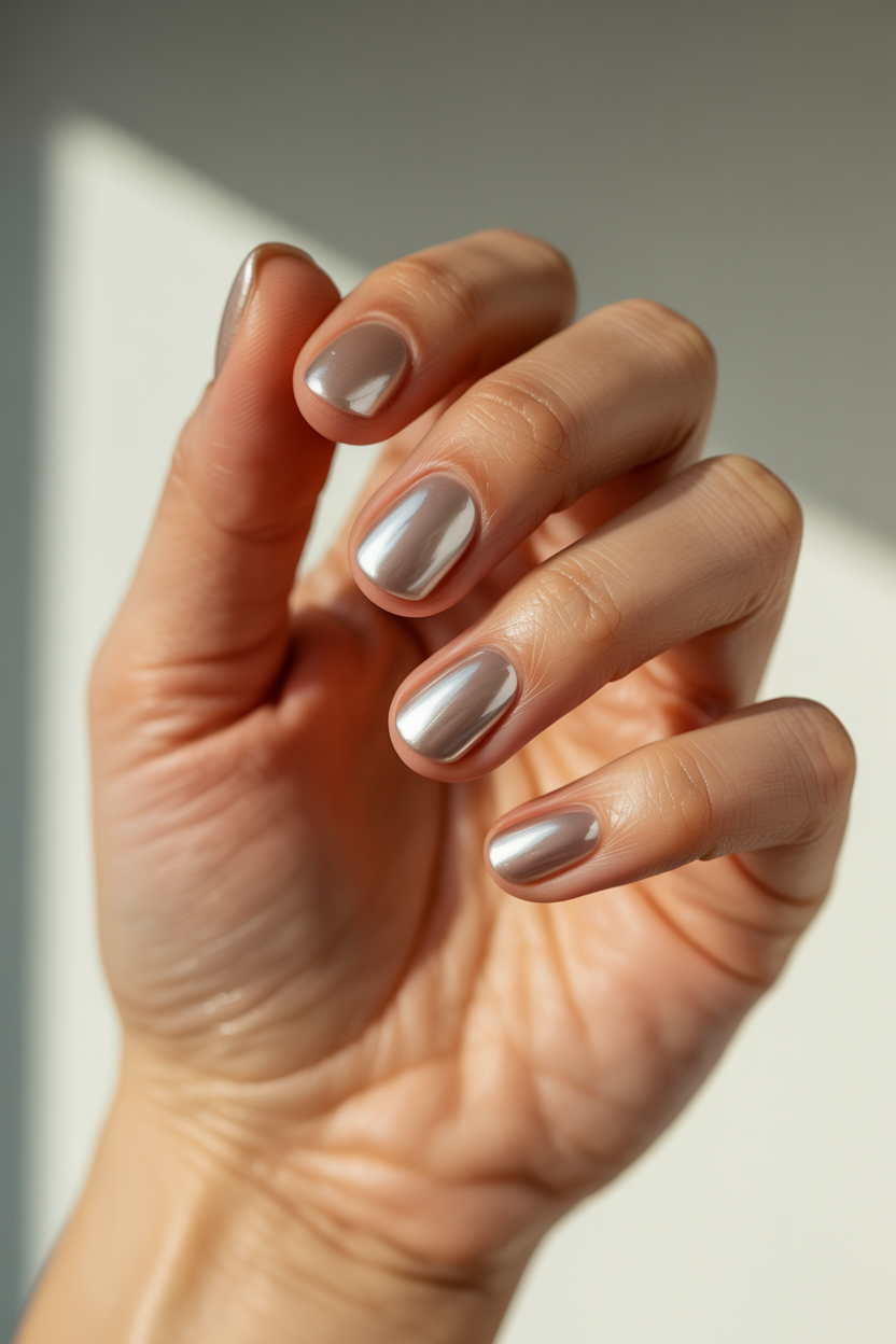 Short Pearl Chrome nail design — Pearl finish on short nails looks clean and expensive rather than fussy.