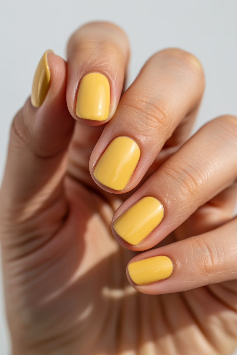 Short Butter Yellow nail design — Solid soft yellow on a short square.