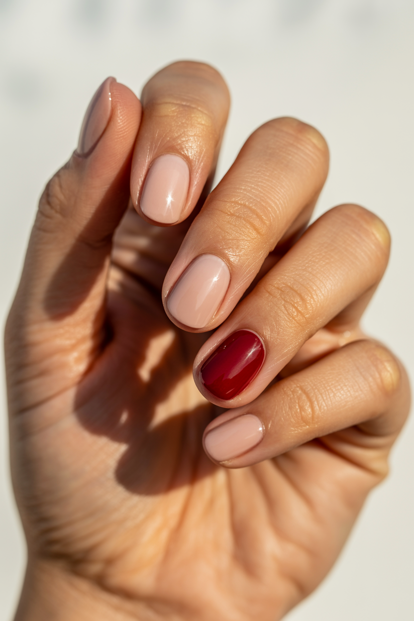 Short Nude with One Cherry nail design — One accent nail, everything else bare.