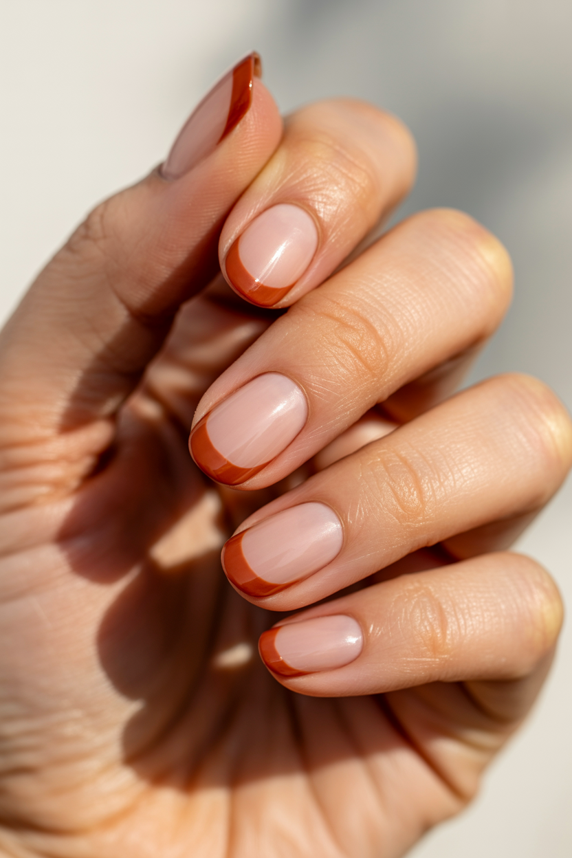 Short Micro French in Terracotta nail design — Very thin warm tip on a short nail.