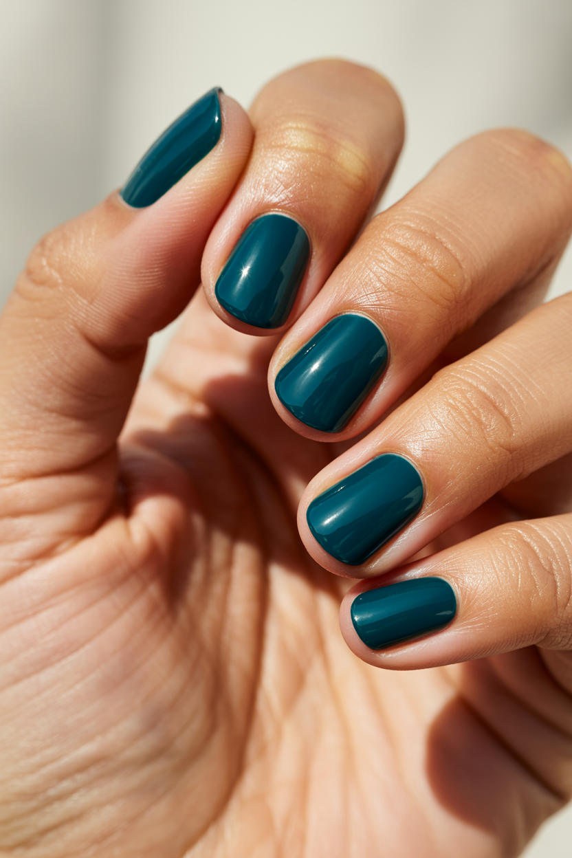 Short Deep Teal nail design — Solid saturated color at short length looks intentional and modern rather than plain.