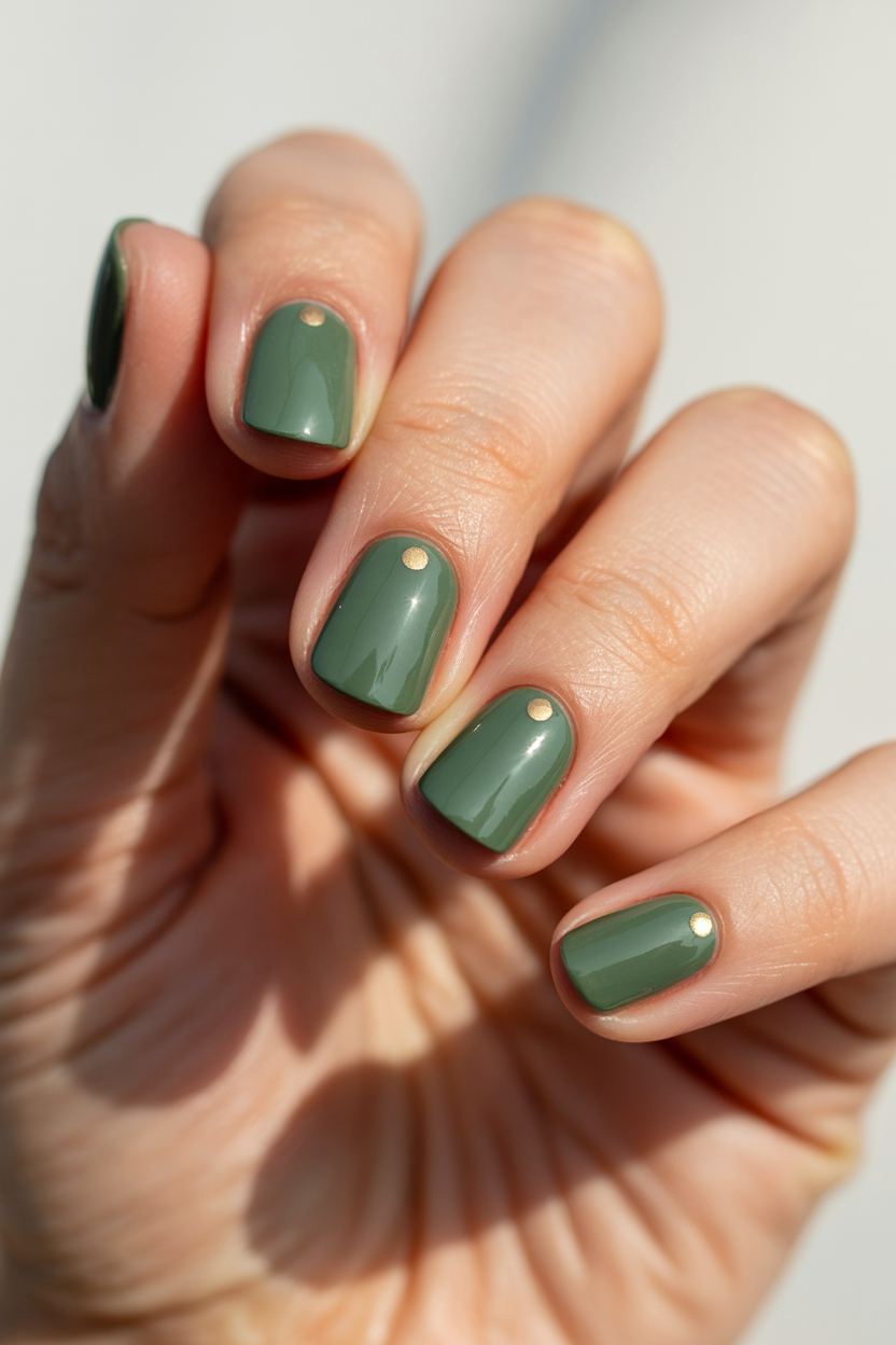 Short Sage with Gold Dot nail design — One tiny gold dot near the cuticle on each nail.