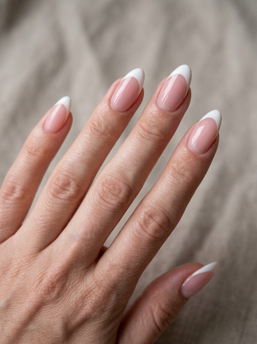 Clean White Almond French - almond french tip nails