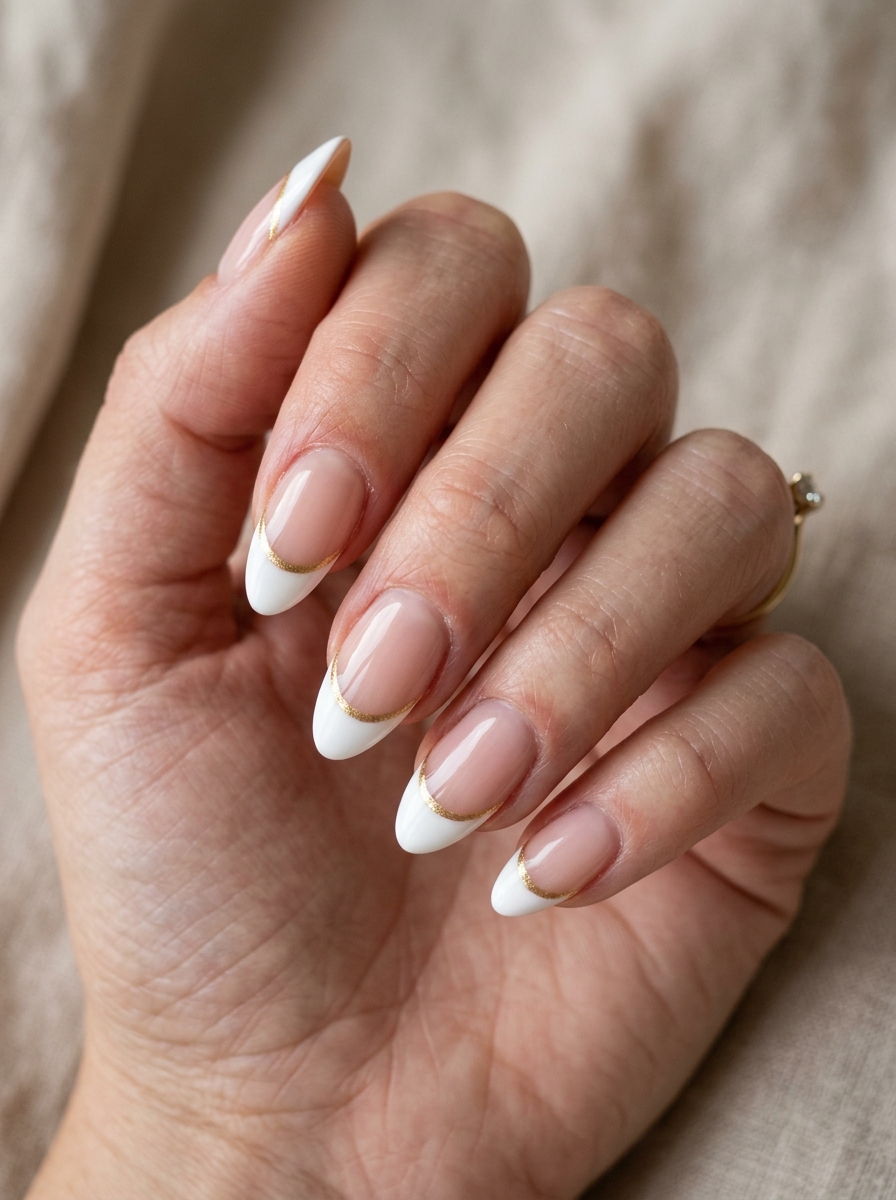 White French with a Gold Line - almond french tip nails
