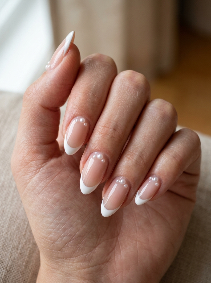 Micro Pearl French - almond french tip nails
