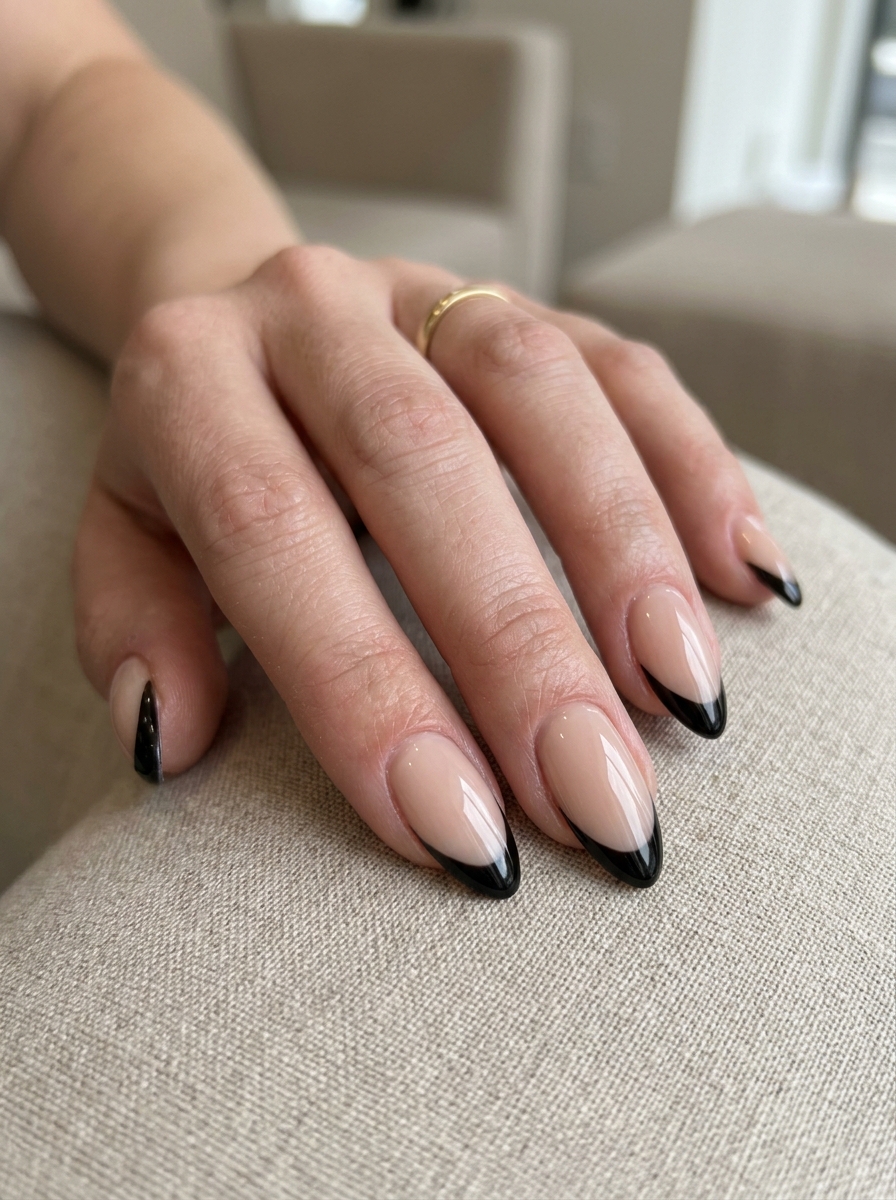 Black French Tip - almond french tip nails